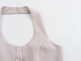  MQTIME  -  Women Fashion Solid Vest Pant Suit Single Breasted Halter Cropped Vests Top High Waist Patchwork Trouser Office Lady Sets