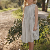  MQTIME  -  Girl's Linen Sleeveless Striped Dress Summer New Vintage Round Neck Casual Loose Cotton Linen Baby Girl Prairie Dresses