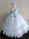 MQTIME  -  Sky Blue Flower Girl Dresses Tulle Puffy Pearls Belt With Bow Sleeveless For Wedding Birthday Party Banquet Princess Gowns