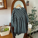  MQTIME  -  Retro Cotton And Linen Long-Sleeved Plaid Dress Girls 2026 Spring New Chic Back Lace-up Loose Pleated Children's Dresses