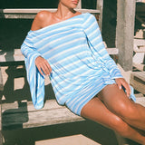 MQTIME  -  Spring Summer Thin Backless Beach Dress New Striped Print Diagonal Collar Long Sleeved Short Dress Casual Loose Asymmetric Dress