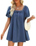 MQTIME  -  Summer New Fashion Square Neck Women Bubble Sleeve Dress Simple Strap Up Elegant Female Denim Short Dresses