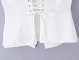 MQTIME  -  White Lapel Women's Short Top Women Single-breasted Buttons Front Placket Back Tie Up Shirt Summer Commute Simple Outfit