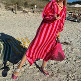 MQTIME  -  Ladies Elegant Party Dress Fashion Striped Printed Long Sleeved Loose Dress Vestidos Autumn Sexy V-neck Holiday Women's Dress