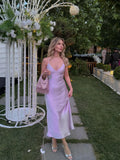 MQTIME  -  Fashion Lady Elegant Sling Maxi Dresses Solid Sleeveless Backless V Neck Slim Fit Long Satin Gowns New Evening Party Robes