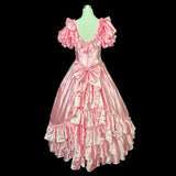 MQTIME  -  vintage pink rose flower princess o neck puff sleeve big bow ruffles party lace up bride Antique evening dress