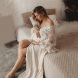  MQTIME  -  Boho Cotton Maternity Photo Shoot Dress Beige Bohemian Lace Stiches Cotton Pregnant Woman Photography Long Dresses