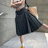 Mqtime Vintage Y2K Contrast Color Plaid Loose Knee-length Skirt Women 2024 Spring New Korean High Waist Casual Pleated A-line Skirt