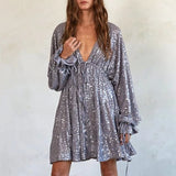 MQTIME  -  Banquet Winter Shinny Sequins Dresses For Women Winter Fashion Bat Sleeve High Waist Mini Dress Elegant V-Neck Pleat Party Dress