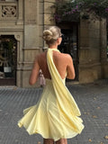 MQTIME  -  ﻿ Yellow Lace Women Short Dress Sexy V Neck Halter Sleeveless Backless Party Gown Summer Chic Beach Holiday Lady Vestidos