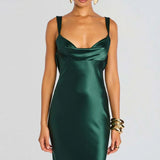 MQTIME  -  Summer Off Shoulder Suspender Satin Robe Dress Simple Solid Color Slim Fit Women's Wedding Dress Elegant Backless Party Dresses