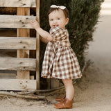  MQTIME  -  Vintage Brown Plaid Girls' Bubble Sleeved Dress Summer New Cute Baby Girl Round Neck Waist Pleated Loose Dresses