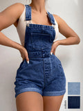  MQTIME  -  American Vintage Light Blue Denim Backless Shorts, High-Waisted Roll-Up Hem Slimming Casual Style, Loose-Fitting Women's Summer