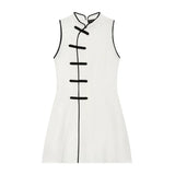 MQTIME  -  Women White Sleeveless Mini Cheongsam Dress Mandarin Collar Chinese Frog Knot Button A Line Dresses Lady Fashion Party Robe
