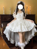 MQTIME   - Summer New Design Sense Lolita Laminated Tutu Dress Strap Square Collar Lace Bow Waisted Sweet Large Skirt Dress