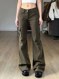 MQTIME  -  Vintage Low Rise Cargo Flare Pants Multi Pocket Streetwear Trousers