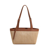  MQTIME  -  Women's Khaki Straw Weave Leather Patchwork Tote Bag Vacation Casual Aesthetic Beach Daily Shoulder Handbag Summer Trend