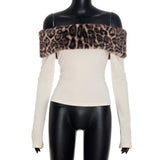﻿ MQTIME  -  Leopard Print Faux Fur Patchwork Slim T-shirts Women Sexy Casual Slash Neck Off Shoulder Long Sleeve Streetwear Tees Tops