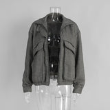 MQTIME  -  Women's Autumn Grey Zipper Outwear Jackets Solid Loose Patchwork High Waist Cropped Top Coat Streetwear Chic Casual Lady Tops