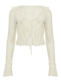  MQTIME  -  Y2k Sweet Solid Bandage Ruffles Neck Lace-up Patchwork Irregular Design Short Cardigan