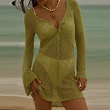 MQTIME  -  Twist Knitted Hollow Ups Women Fashion Solid V-Neck Crochet Pullover Dress Casual Vacation All Match Long Sleeve Mini Dress