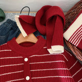 MQTIME  -  Toddler Boys Knitwear Winter Striped Thick Warm Kids Baby Boy Sweater Single Button Closure Little Boy Versatile Pullovers+Scarf