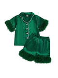 MQTIME  -  Girls Summer Pajama Sets with Short Sleeve Lapel Button Up Plush Cuff Shirt and Shorts for Comfortable Sleepwear