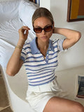 MQTIME  -  Y2K Women Summer Polo Shirt Blue White Contrast Striped Short Sleeve Knitted Blouse Cardigan Casual Commuter Hollow Tops