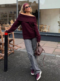 MQTIME  -  Elegant Knitted Off Shoulder Sweater Women Loose Solid Long Sleeve Pullover Sweaters Lady Spring Versatile Chic Street Knitwear