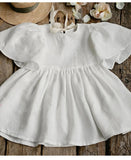  MQTIME  -  Summer Retro Linen Loose Flared Sleeve Dress Girls New Solid Color Cotton And Linen Casual Back Bow Tie Princess Dresses