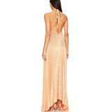 MQTIME  -  Sexy Halter Lace-up Backless Evening Dress Womens Spring Solid Rib Pleated Long Dress Summer Sleeveless Hollow Boho Maxi Dresses