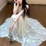 MQTIME  -  French Sweet Apricot Three-dimensional Flower Princess Sleeveless Dress Fairy Spring and Summer New Slim Waist Long Skirt Women
