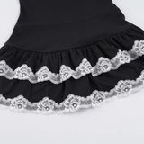  MQTIME  -  Lace Square Neck Lace-up Splicing Suspender Pleated Skirt