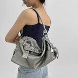 MQTIME  -  High-end Large Capacity Solid Color Washed Motorcycle Style Casual Handbag Shoulder Bag