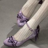 MQTIME  -  New Strap Sweet Bow Thin Heel Lolita High Heels Pumps Women Elegant Silk Shallow Mouth Round Head Single Shoes for Cosplay
