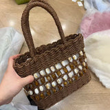 MQTIME  -  Summer Boho Beaded Straw Woven Tote, Dopamine Colorblock Hollow Handbag, Women Casual Chic Market Shopping Basket For Vacation