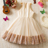 MQTIME  -  Girl's New Elegant Evening Dress Sequined Mesh Princess Birthday Party Dress Summer Children's Gauze Sleeveless For Girl Clothes