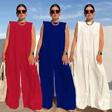 MQTIME  -  Casual Women's O-Neck Sleeveless Wide Leg Romper 2025 Spring Festival Office Jumpsuit Elegant Solid Wide Leg Pants One Piece