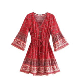 MQTIME  -  Boho Long-sleeved Dress V Neck Rayon Summer Short Dress Femme Hippie Printing Mini Dress Flare Sleeve Chic Vestidos