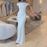 MQTIME  -  Elegant Ladies Slash Neck Slim Wrap Hip Dress Sexy Temperament Waist Women Long Dress New 2025 Fashion Summer Solid Party Dress