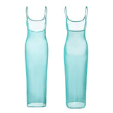 MQTIME  -  Women's Summer Thin Spaghetti Straps Mesh Sheer Low-cut See-through High Slit Deep O Neck Long Dress for Club Party