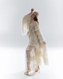 MQTIME  -  Boho Chic Maternity Dress for Pregnancy – Ivory White Lace Maxi Gown with Ruffled Long Sleeves, Pearl Embellishments High Slit