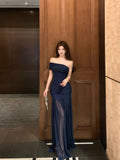 MQTIME  -  Mesh Navy Glitter Off Shoulder Mermaid Maxi Dress Women Ruched Bodycon Summer Sheer Elegant Slash Neck Long Evening Party Gown
