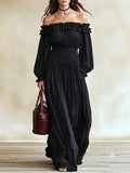 MQTIME  -  Women Off‑Shoulder Ruffle Maxi Dress Long Lantern Sleeve Smocked Waist Bohemian Flowy Long Dress Casual Beach Vacation Sundress