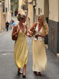 MQTIME  -  Elegant Yellow Elastic High Waist Maxi Sling Dress Women Sleeveless Off Shoulder Backless Deep V-neck Robes 2025 New Street Wear