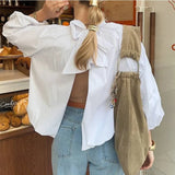 MQTIME  -  Casual Backless Bow T-Shirt Women's Top High Neck Lace-Up Lantern Sleeve Commute Loose Patchwork Fashion Female Top