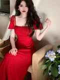 MQTIME  -  Summer New Dot Print Women Slim Red Dress French Vintage A-line Lady Clothes For Eve Prom Casual Short Sleeve Fiesta Maxi