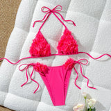 MQTIME  -  Women's 2Piece Swimsuits Lace-up Halter Neck Ruffled 3D Mesh Flower Backless Bra and Side Tie Up Thong Bathing Suits