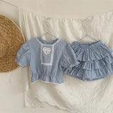 MQTIME  -  New Summer Toddlers Kids Plaid Sets Lace Puff Sleeve Tops Layered Shorts 2pcs Baby Girls Cute Outfits