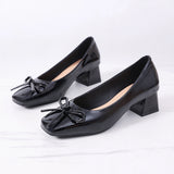 MQTIME  -  Elegant Ballet Wine Red Bowknot Medium Heel Pumps Women Summer Classic Square Toe Thick Heel Pumps Women Black Office Shoes